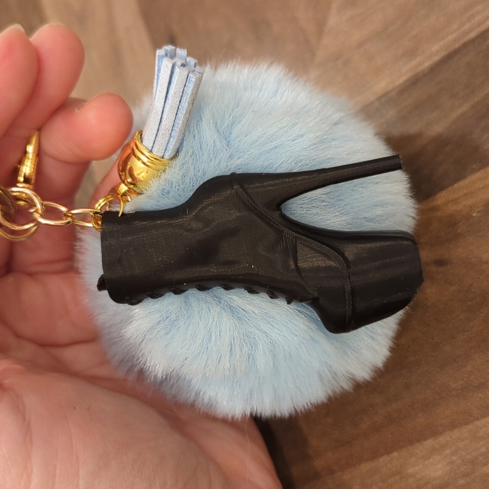 High Heel Bootie Keychain With Powder Blue 3" Pompom + Tassel 💙